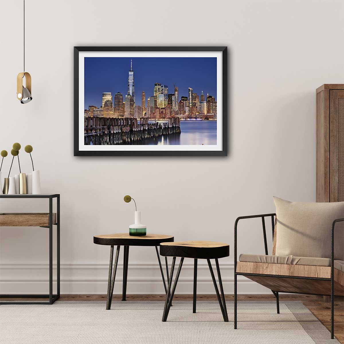 Affiche Manhattan skyline affiche + cadre en bois - noir, HEXOA