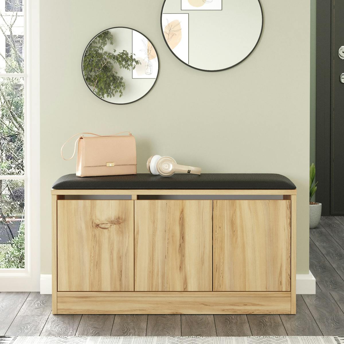 Banc à chaussures avec assise 3 portes décor bois clair MARFA chêne, PIER IMPORT