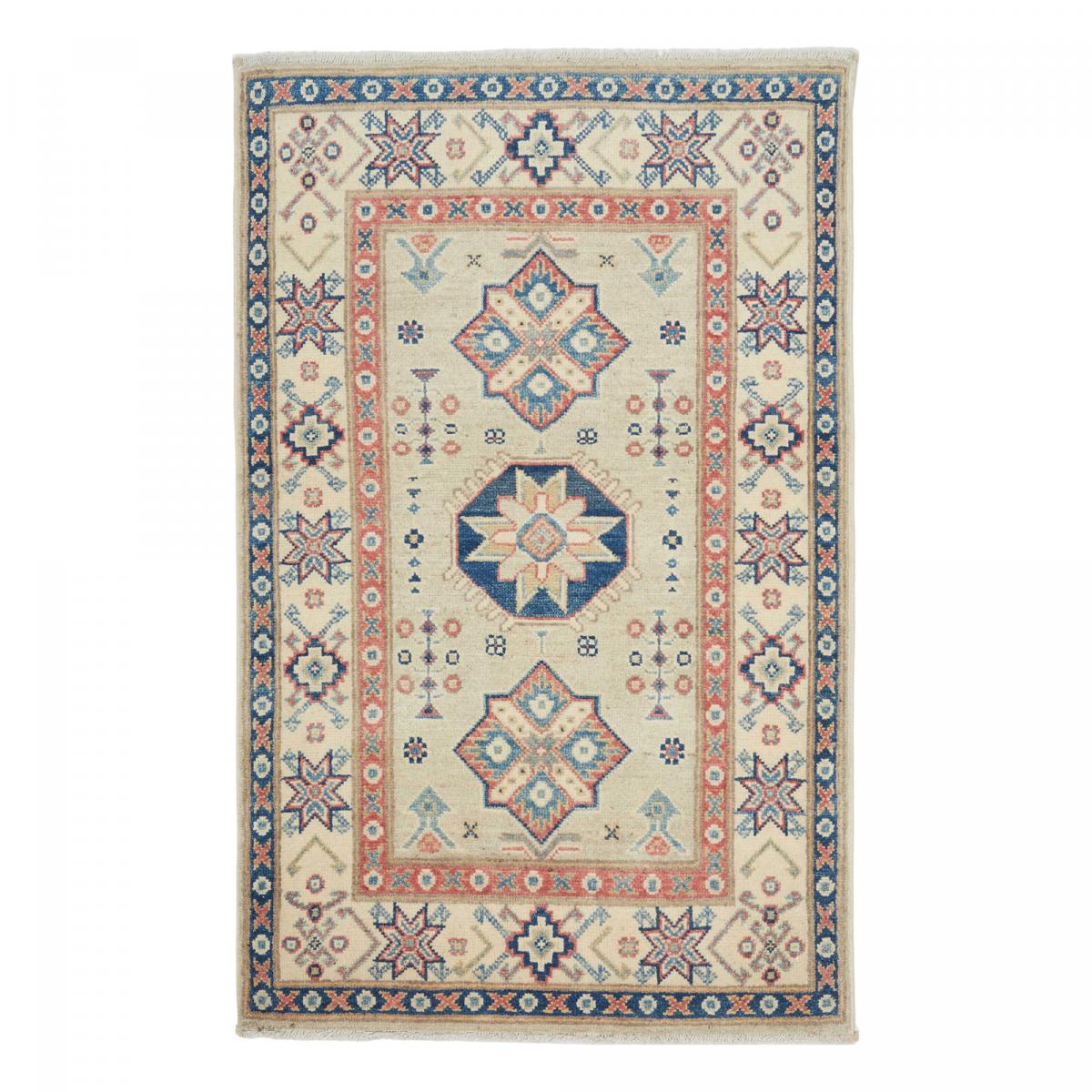 Tapis salon géométrique artisanal, noué main, KAZAK CO 63 crème, bleu, rouge, UN AMOUR DE TAPIS
