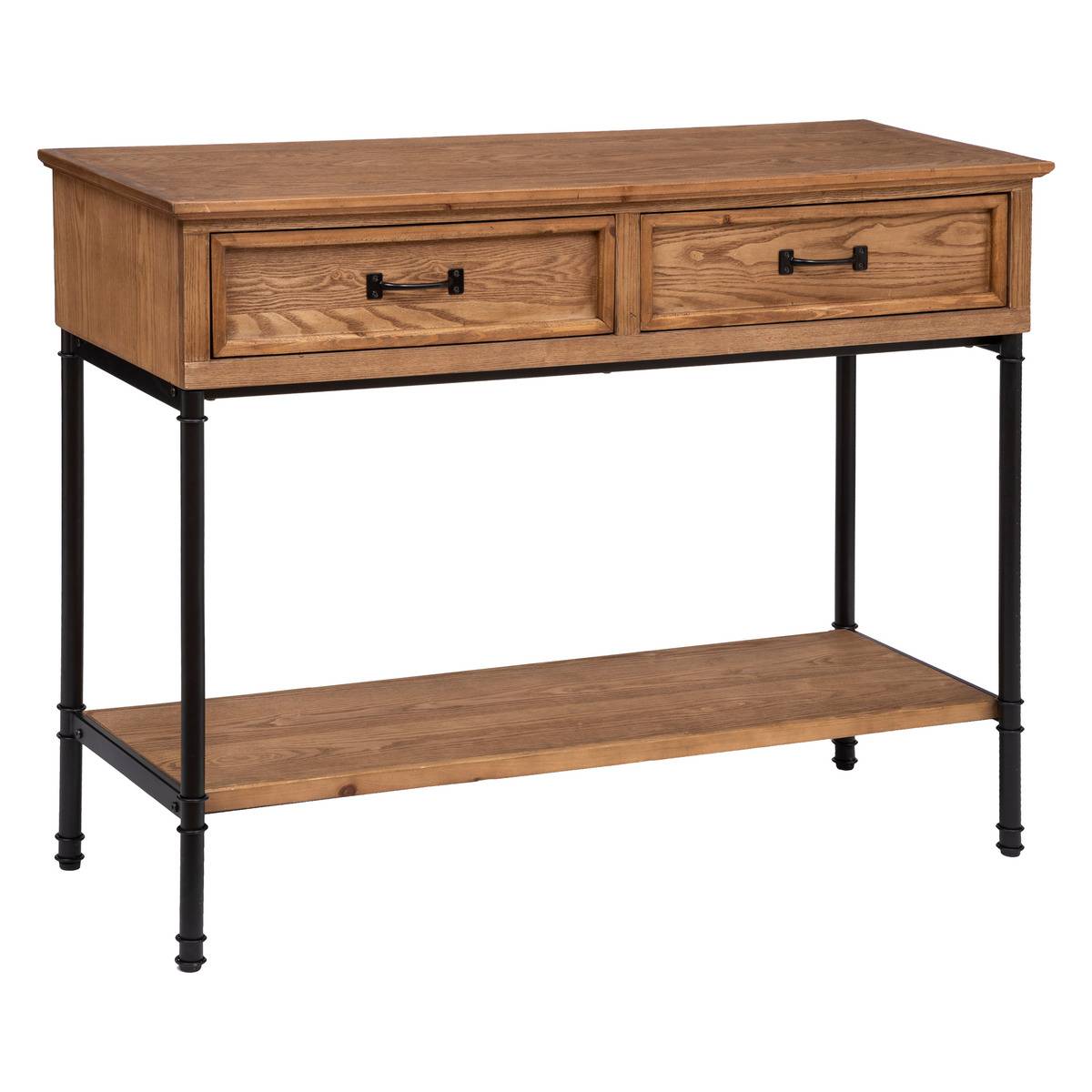 Console 2 tiroirs en bois sapin piètement fer DANIK marron, ATMOSPHERA