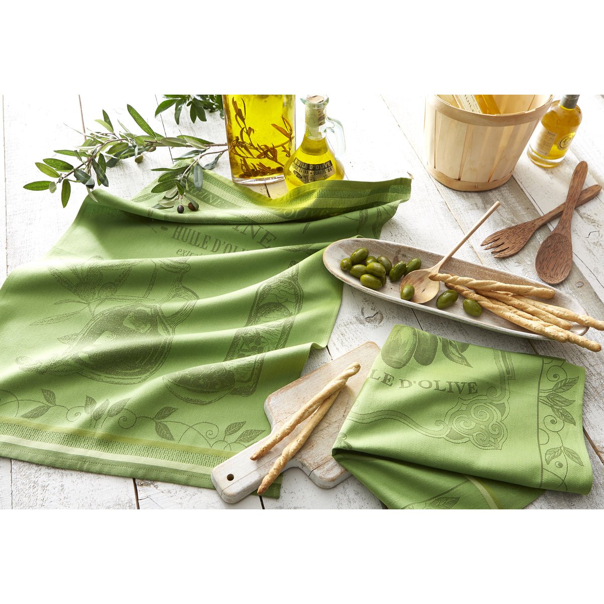 Torchon jacquard en coton HUILE SURFINE vert olive, COUCKE