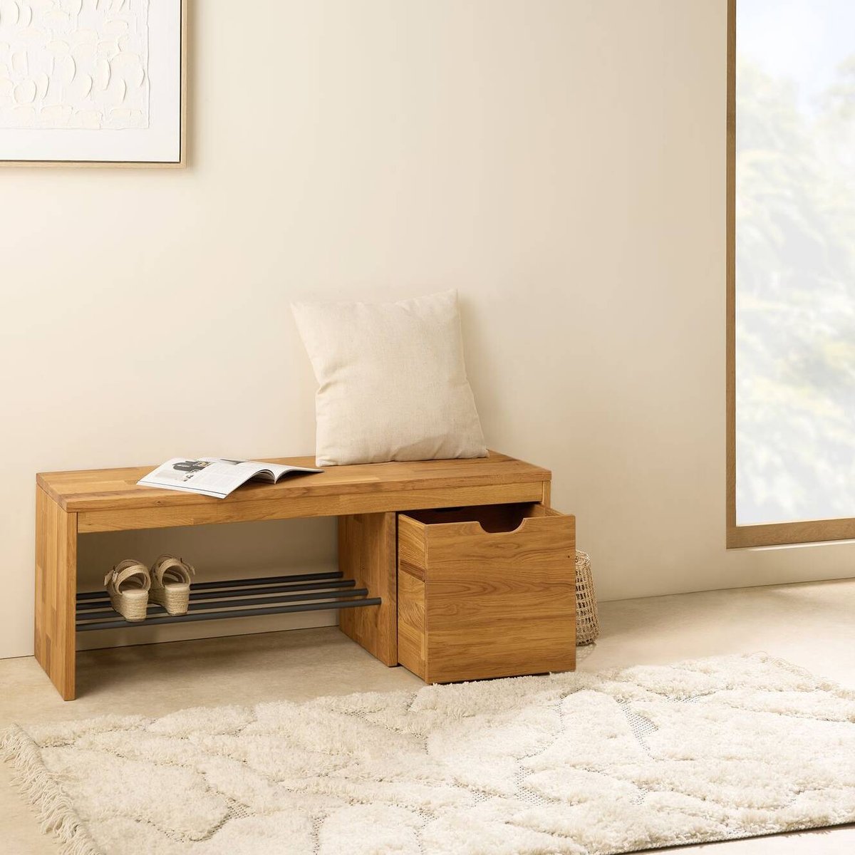 Banc à chaussures bois massif avec 1 cube de rangement - CYRIEL chêne massif, CAMIF