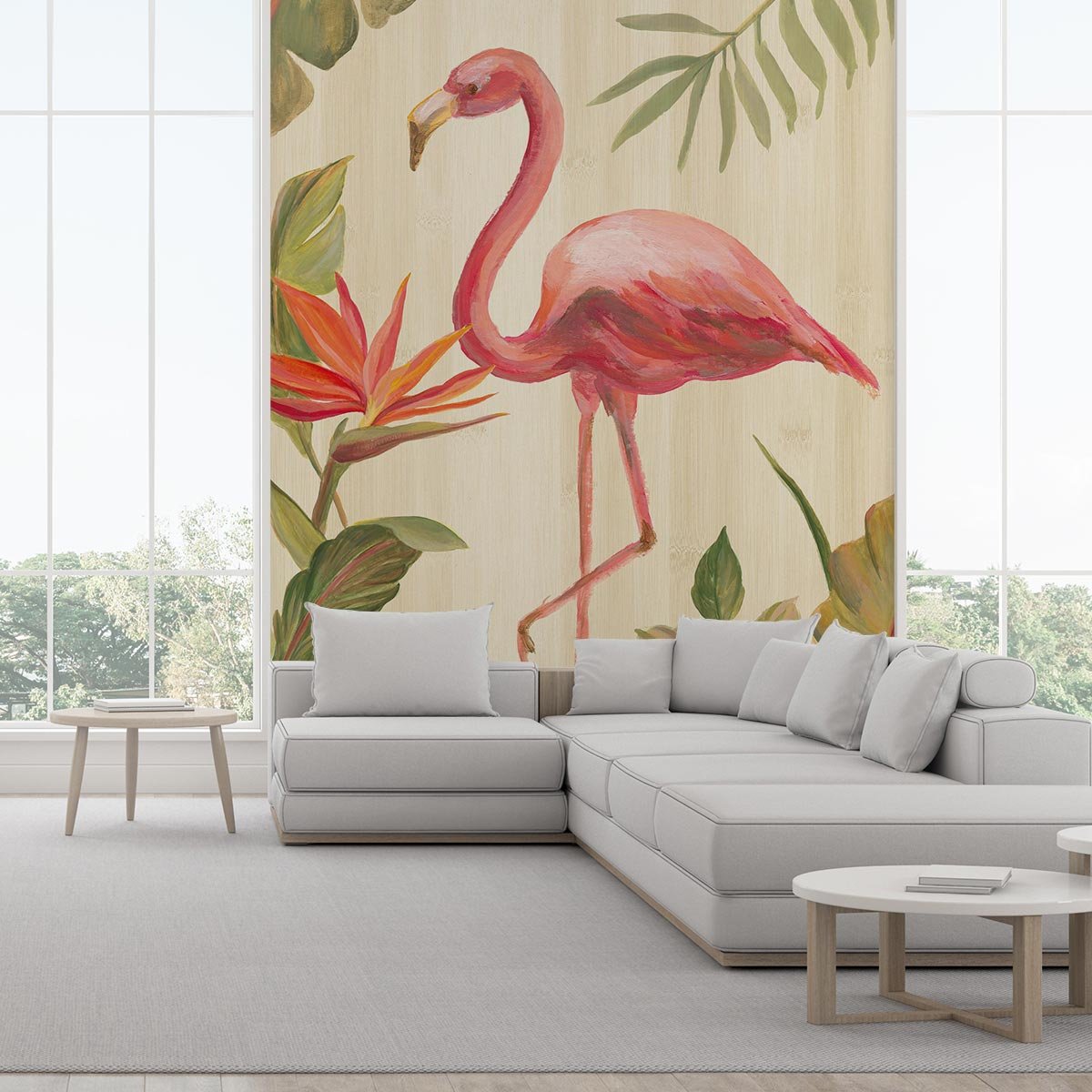 Papier peint exotique flamant rose en aquarelle intissé, HEXOA