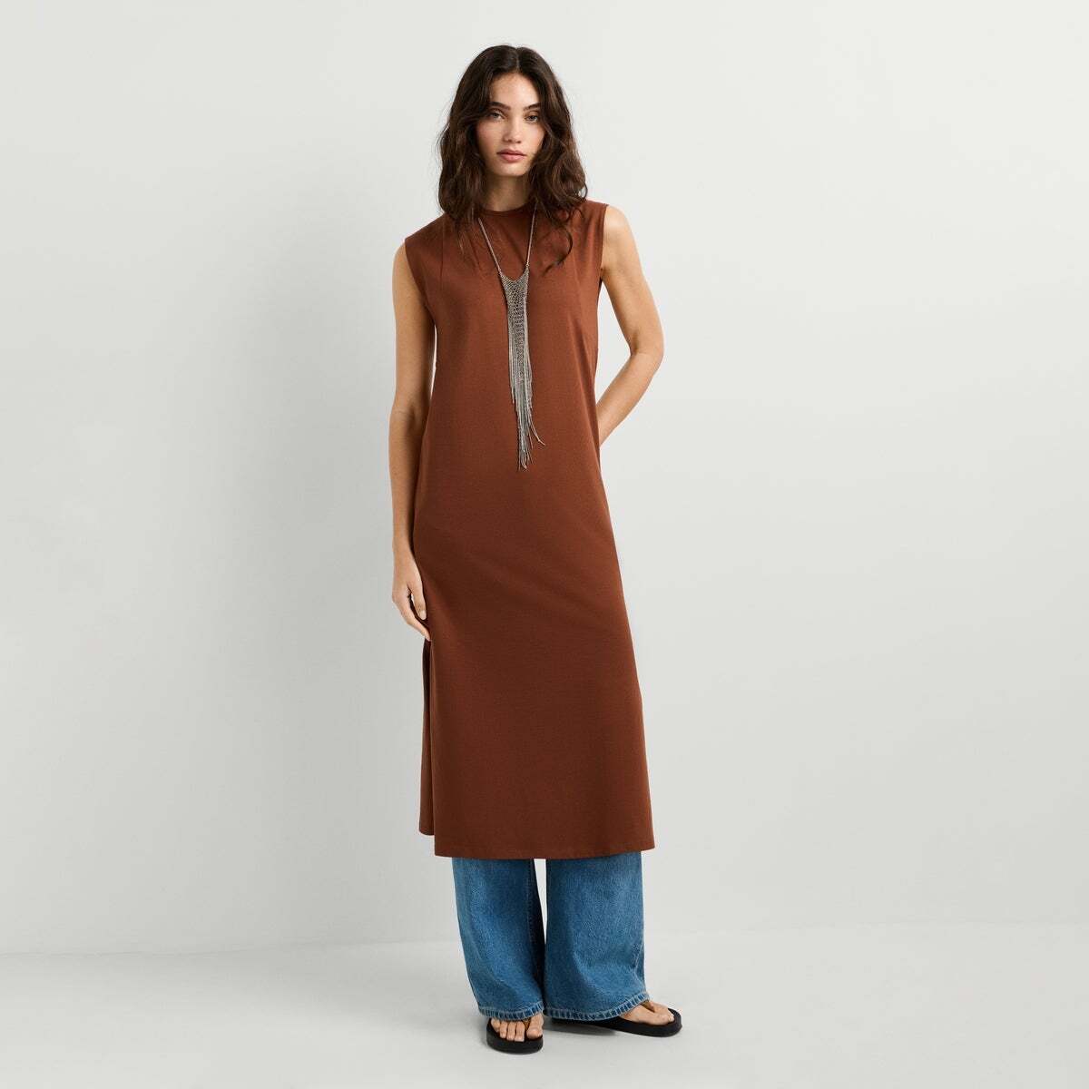 Robe Longue À Col Rond brun terre, PEPE JEANS