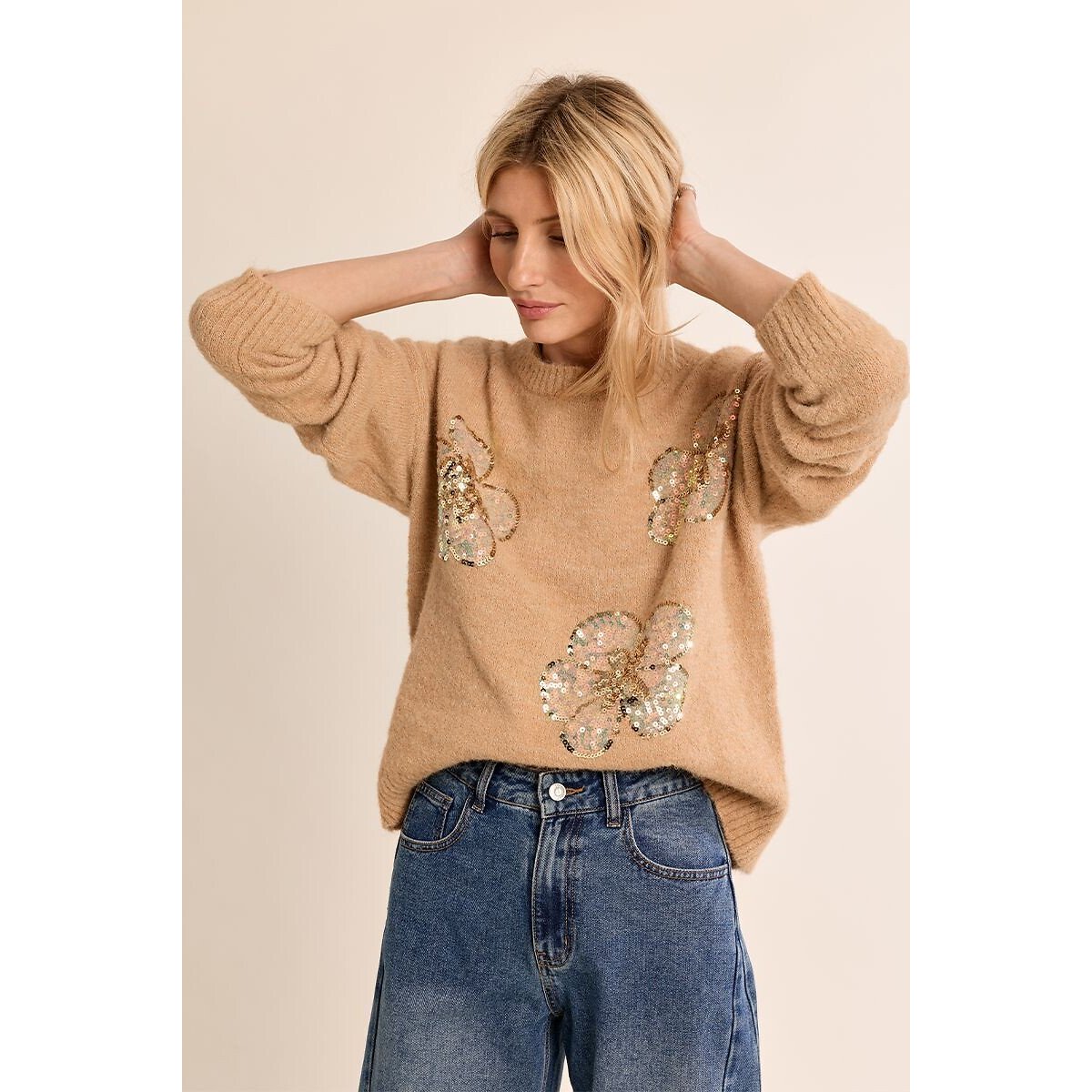 Trui met ronde hals en zecchinomotieven beige   , MOLLY BRACKEN