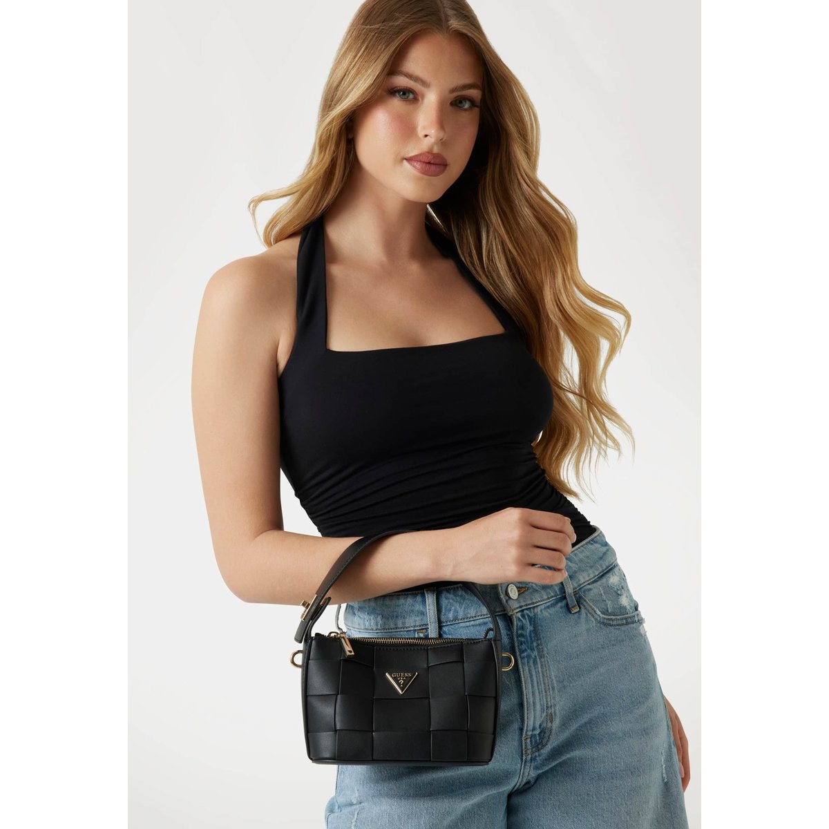 Mini Sac Hobo Maylee Tressé noir, GUESS