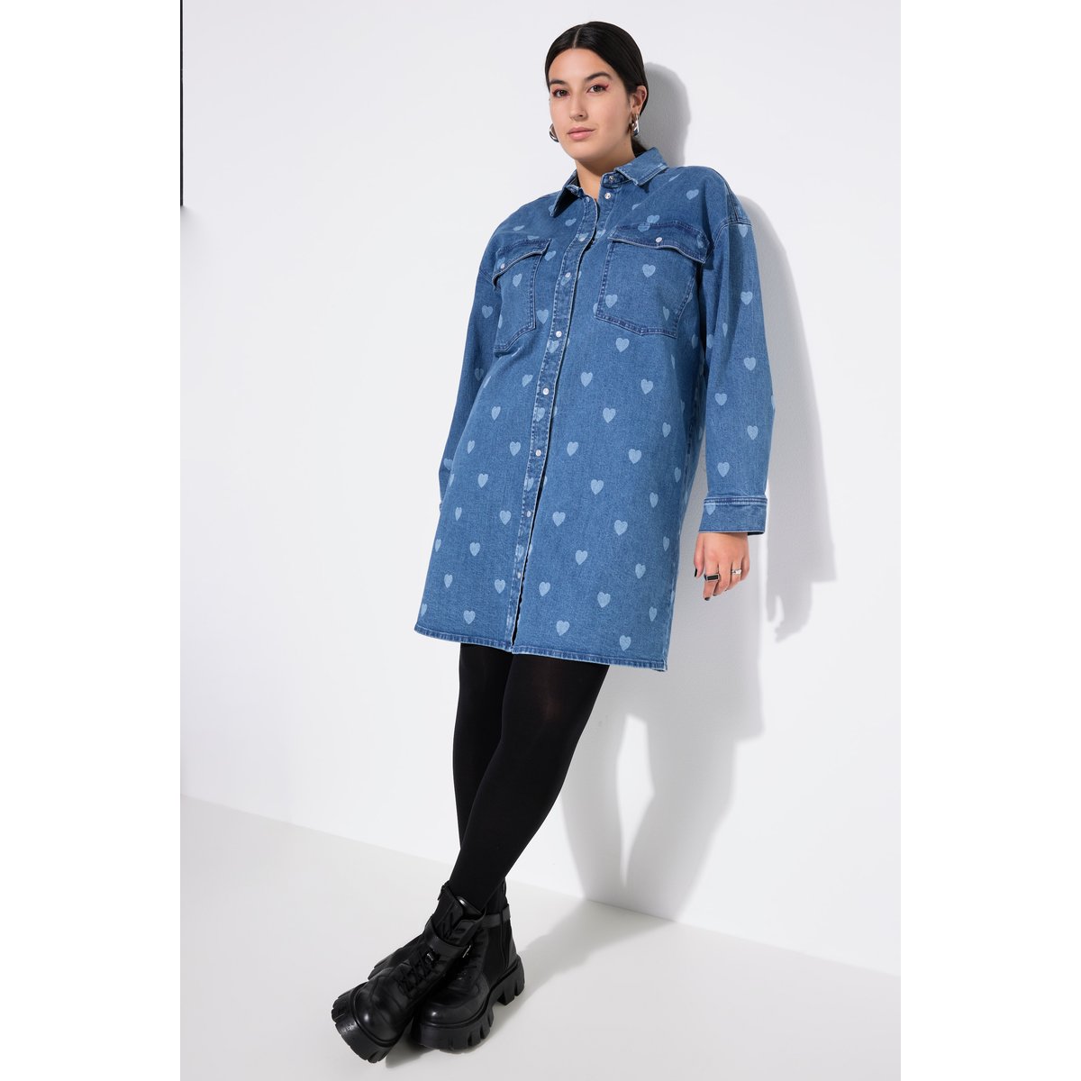 Robe en jean oversize, imprimé petits CŒURS bleu jean, STUDIO UNTOLD