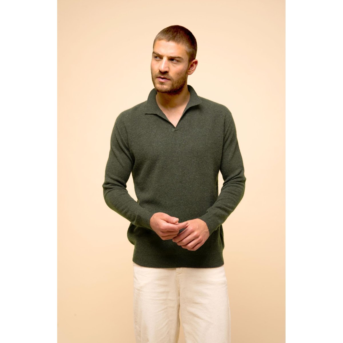 Pull Col Polo Ouvert Kaki Chiné Noah kaki chiné, JUST CASHMERE
