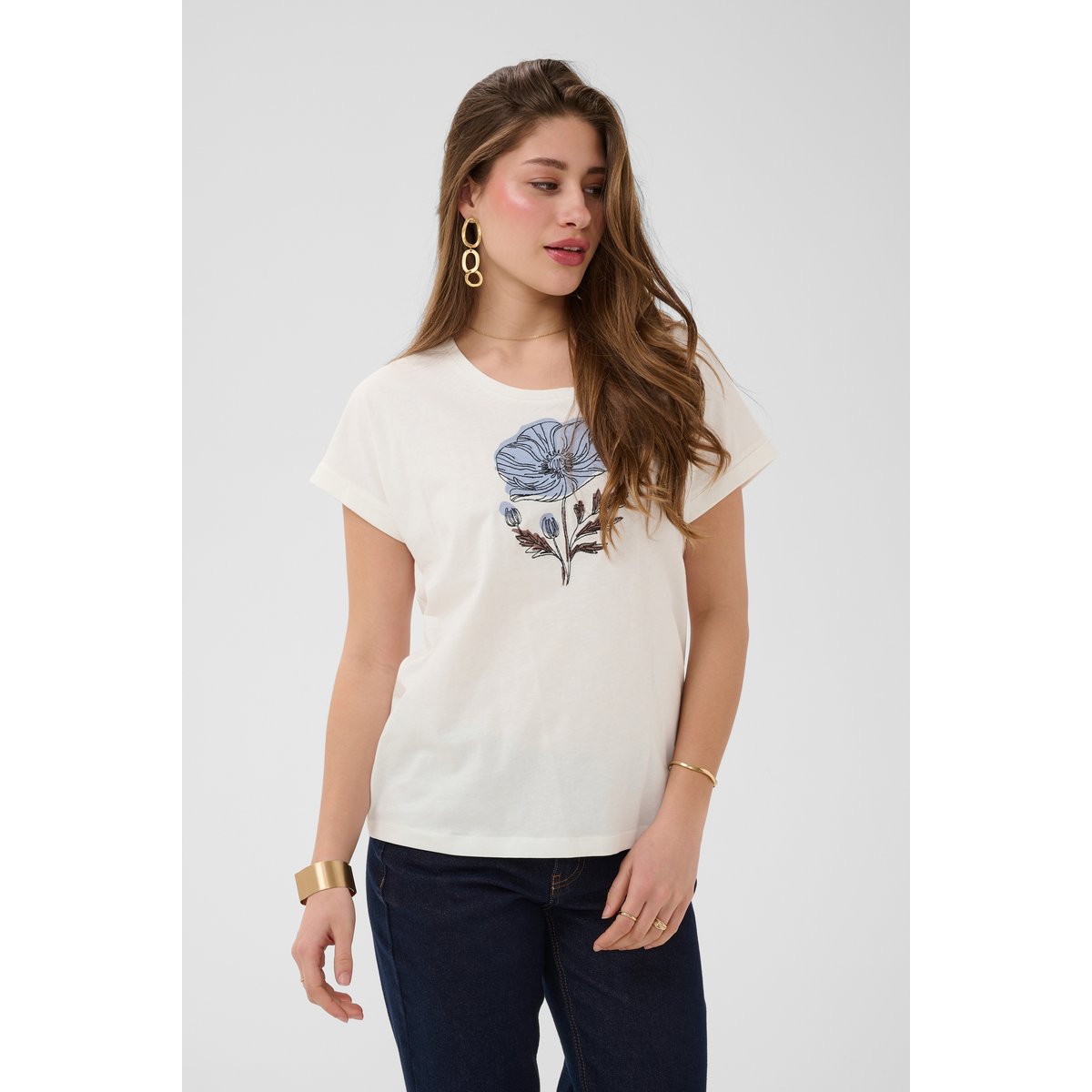 T-shirt à manches courtes bleu blue flower w embroidery, CREAM