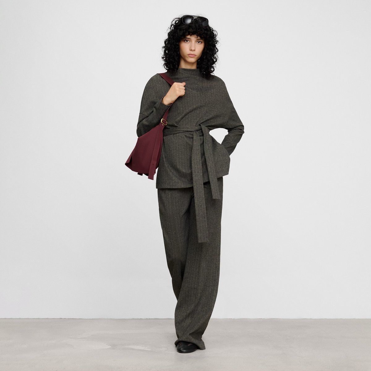 Top long chiné semi-ajusté avec ceinture sable/chocolat, ADOLFO DOMINGUEZ