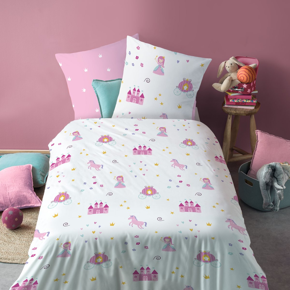 Parure de lit imprimée 100% coton, MERVEILLE rose, MATT ET ROSE