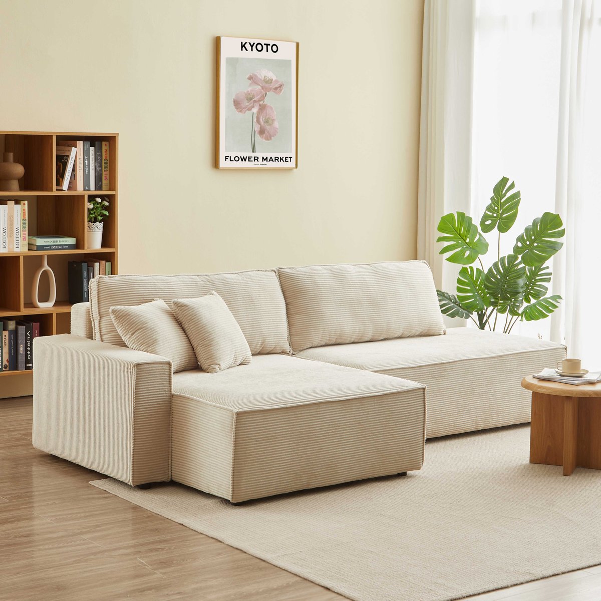Canapé d'angle gauche convertible velours ZOLA beige, BAÏTA