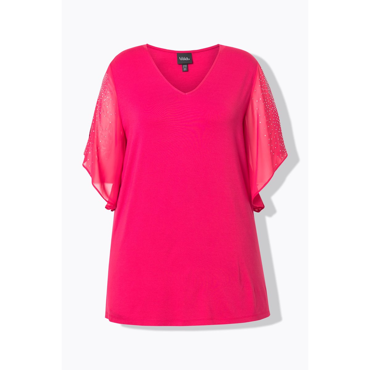 T-shirt à strass. Décolleté en V et manches magenta, ULLA POPKEN