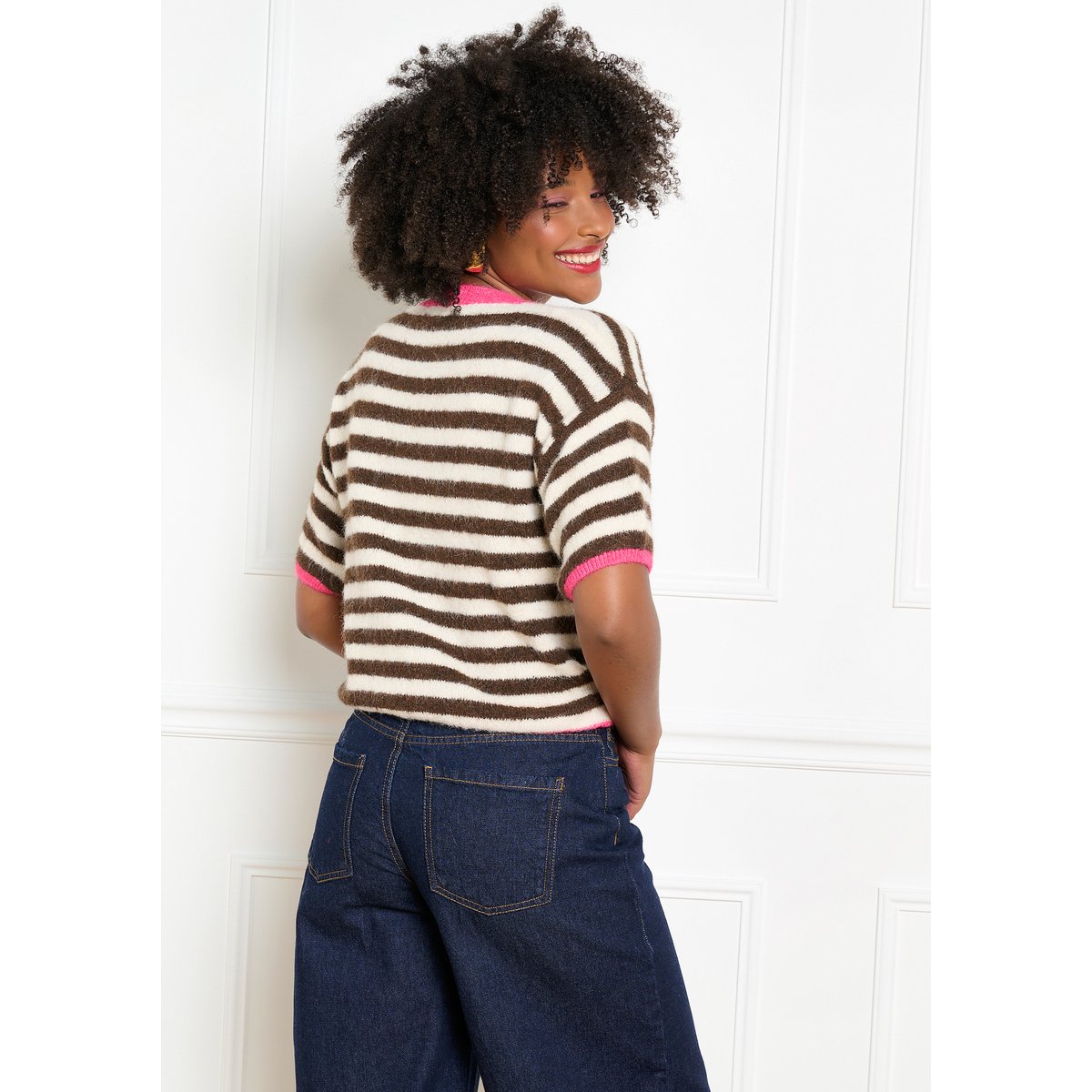 Pull rayé à manches courtes brun fonce chocolate, LOLALIZA