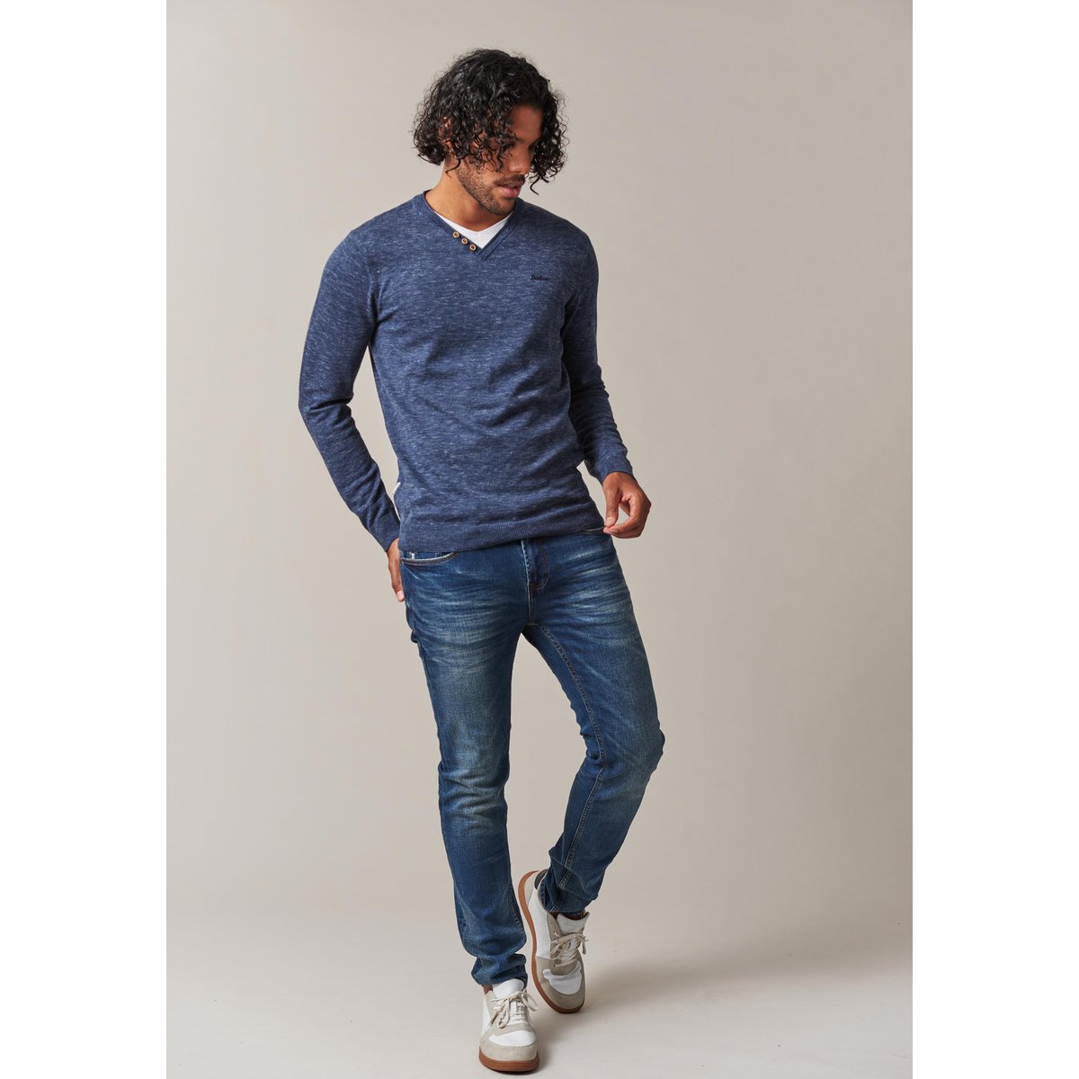 Pull basique en maille SINGLE indigo mel, DEELUXE
