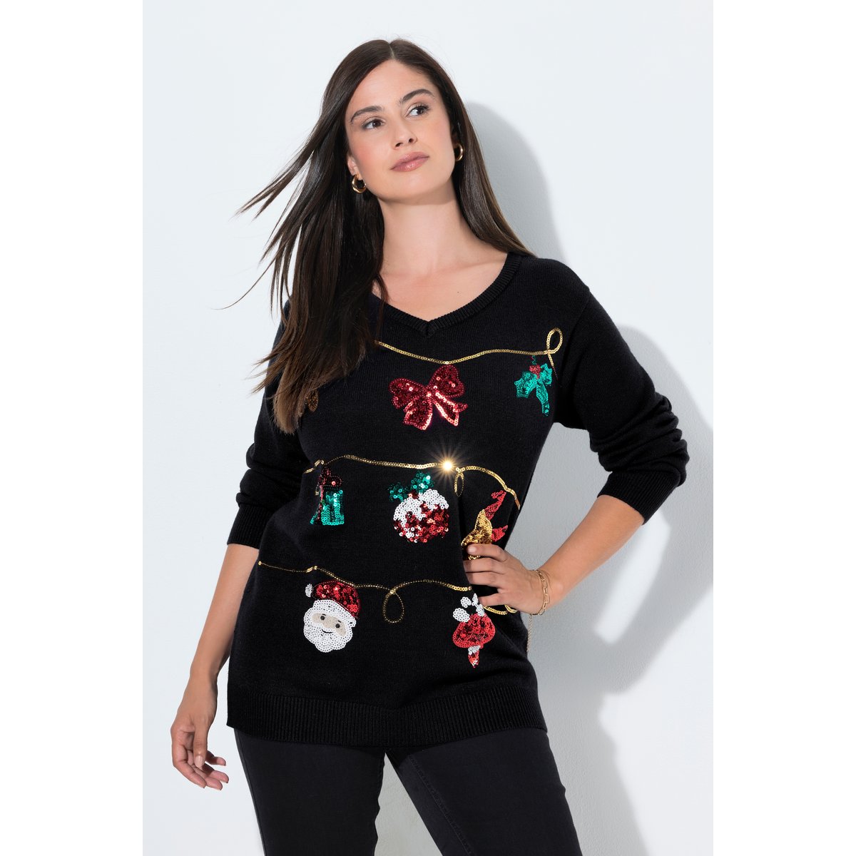 Pull de Noël, motif guirlandes noir, ULLA POPKEN