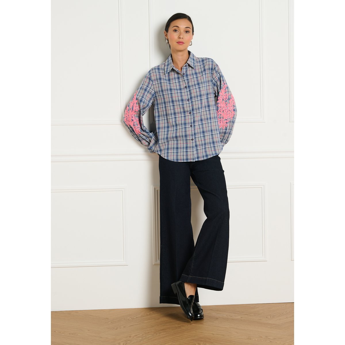 Chemise à carreaux brodée bleu, LOLALIZA
