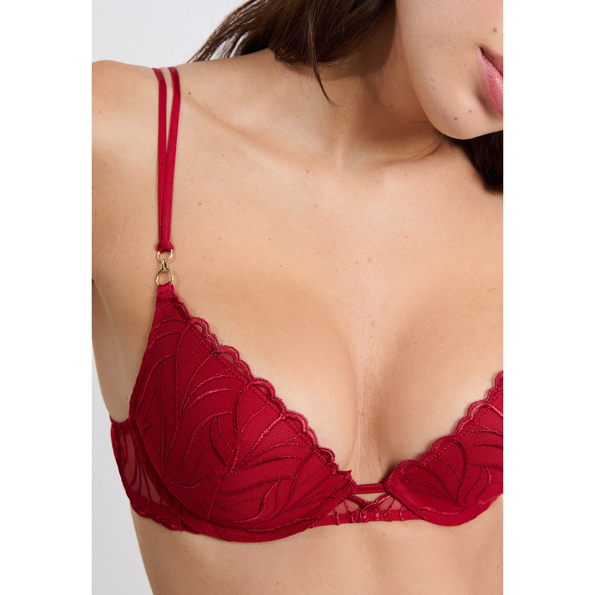 Soutien-gorge N.2 - Le push-up plongeant en broderie florale ENVOLEE rouge, ETAM