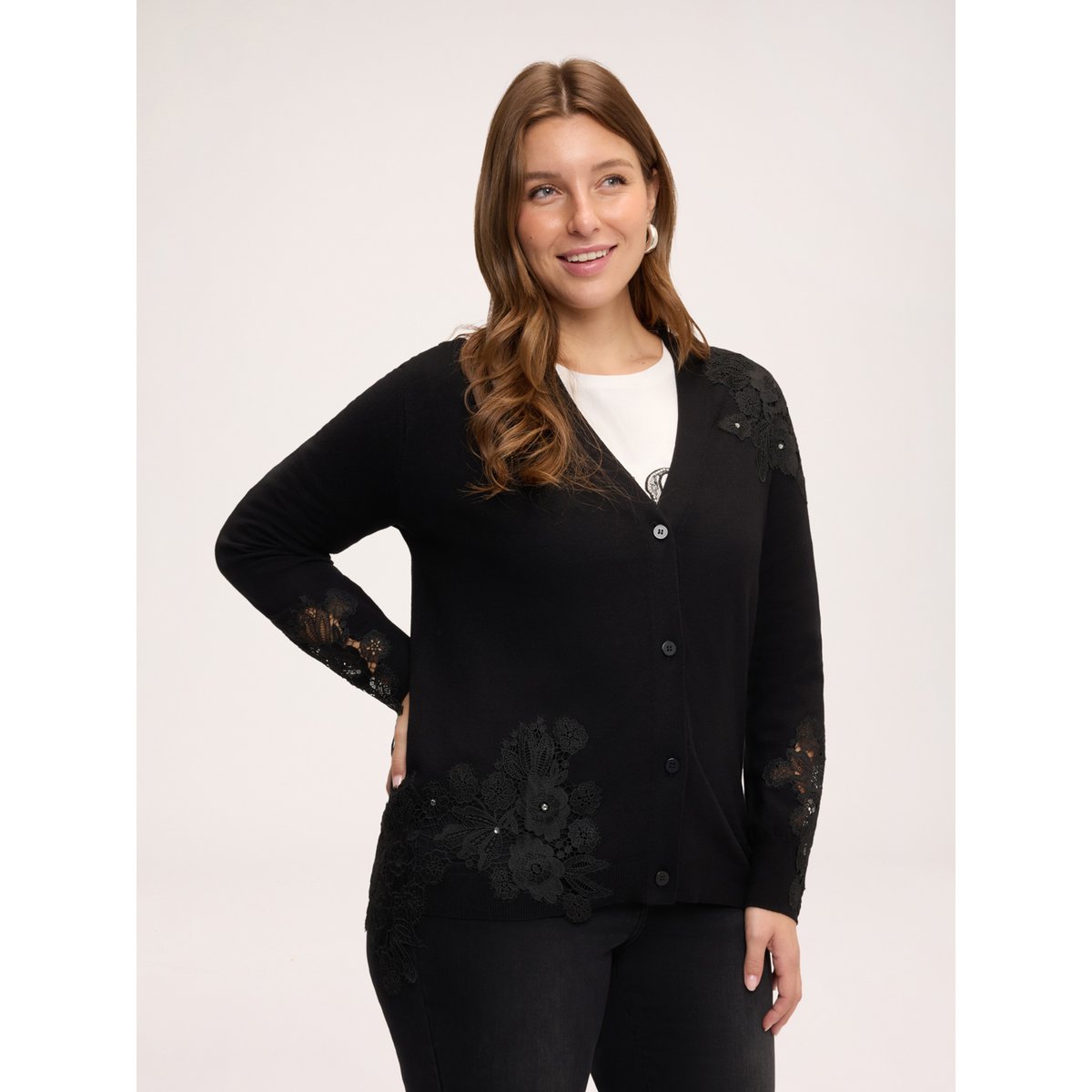 Cardigan avec applications en dentelle noir, FIORELLA RUBINO