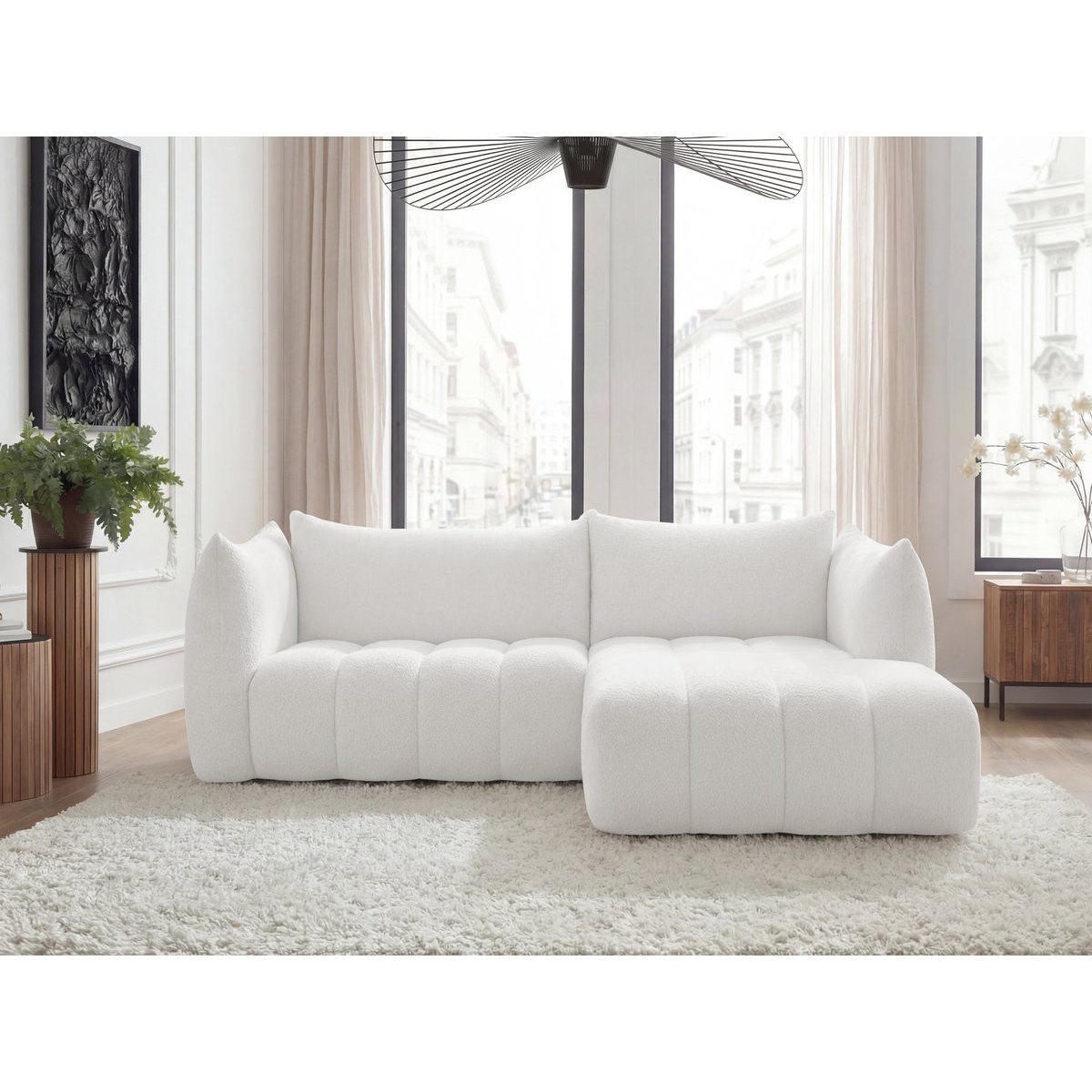 Canapé d'angle fixe 3 places en tissu bouclette, AZRA blanc, BOBOCHIC