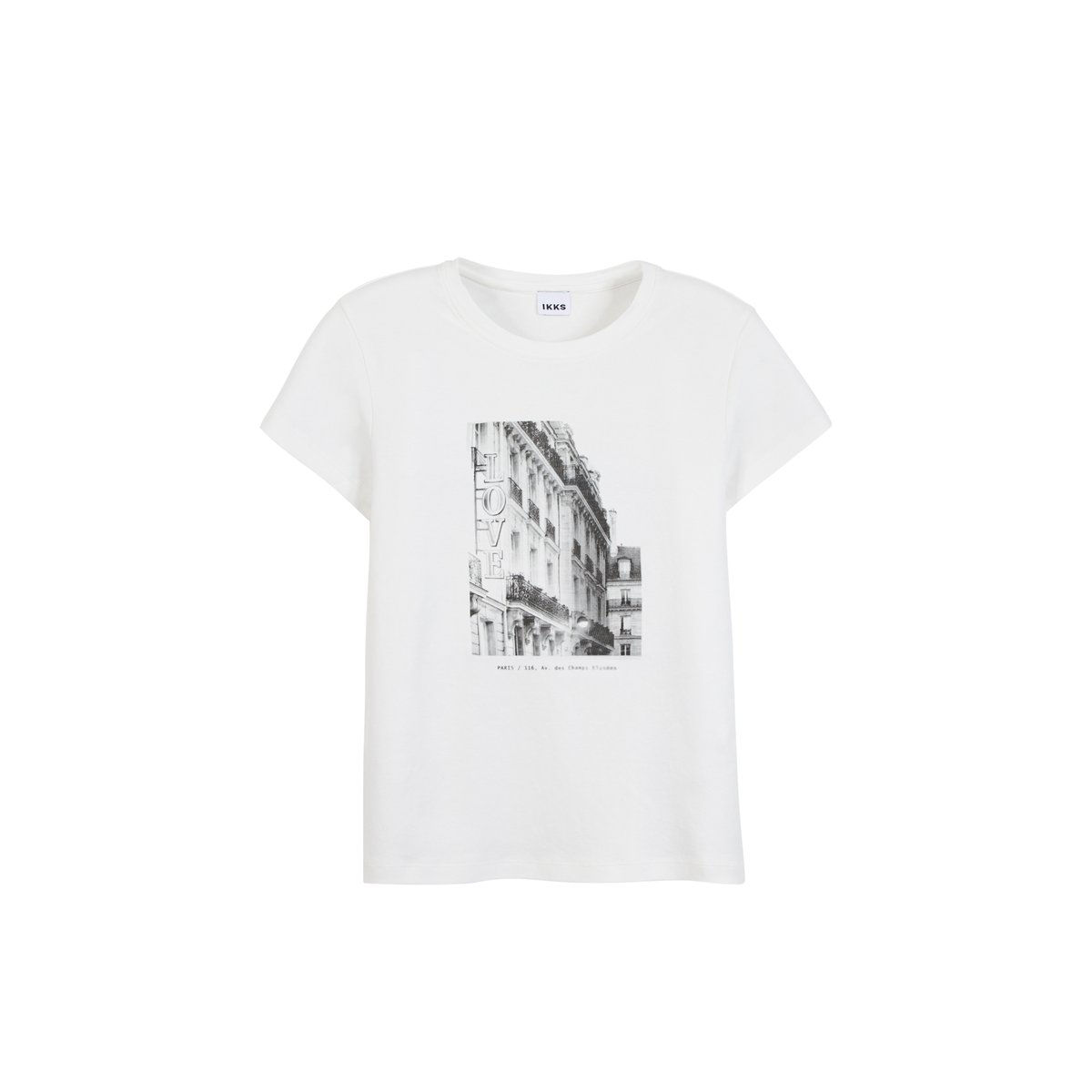Tee-shirt col rond visuel immeuble blanc cassé, IKKS