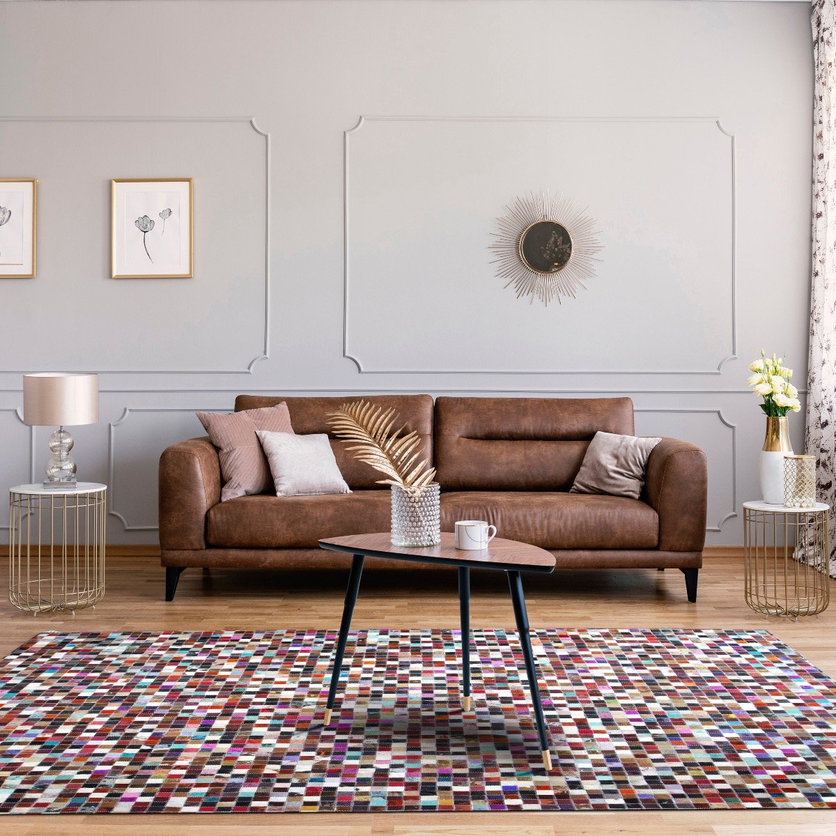 Tapis en cuirs recyclés motif mosaïque  multi CUIR MOZAIQUE COLOR marron, multicolore, THE DECO FACTORY