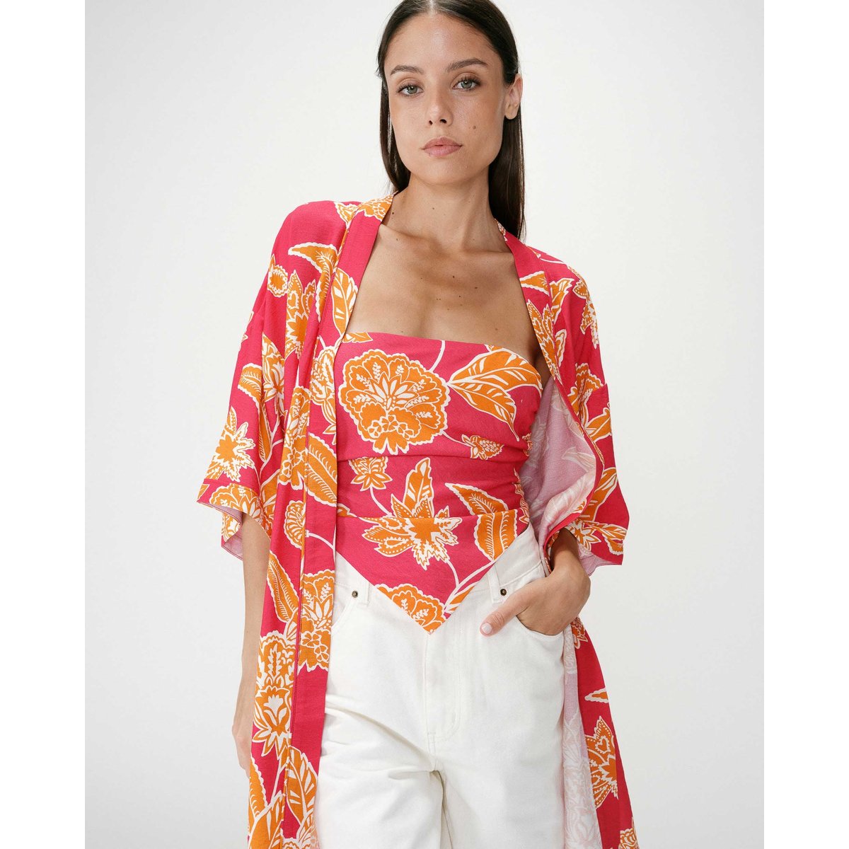 Kimono imprimé floral manches courtes fuchsia Wahana fuchsia, GRACE AND MILA