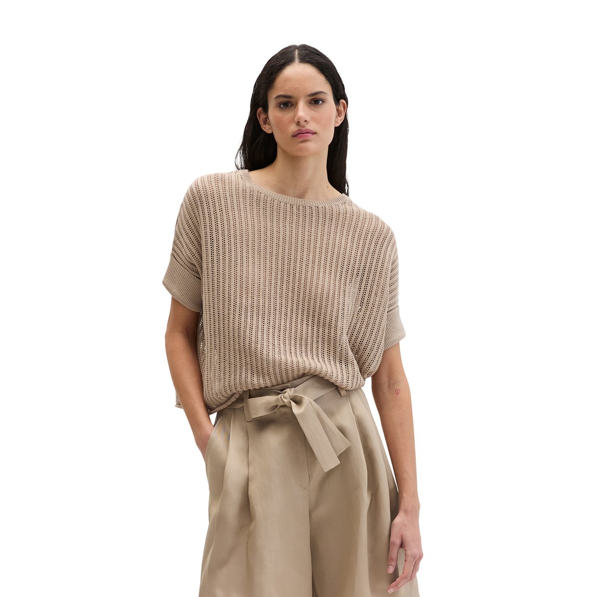 Pull-over en maille à manches courtes boxy en mélange coton organique-lin beige, MARC O'POLO