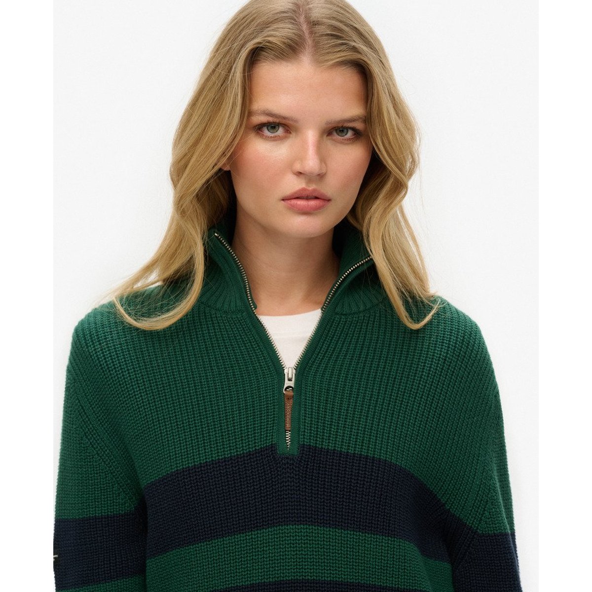 Pull oversize rayé en coton à col zippé Classic bleu marine/vert, SUPERDRY