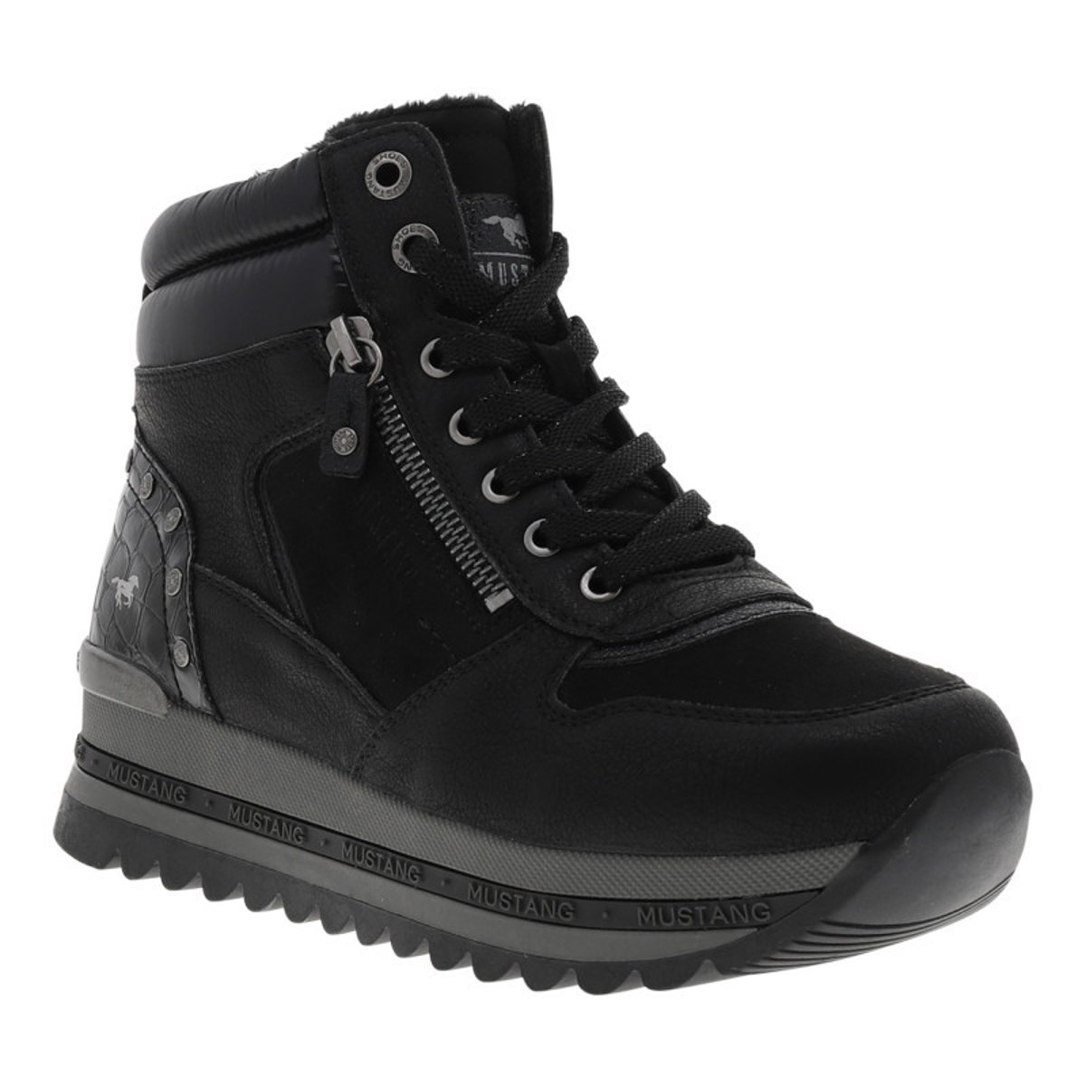 Baskets noires à talon semi-compensé avec des lacets et un zip latéral noires, MUSTANG