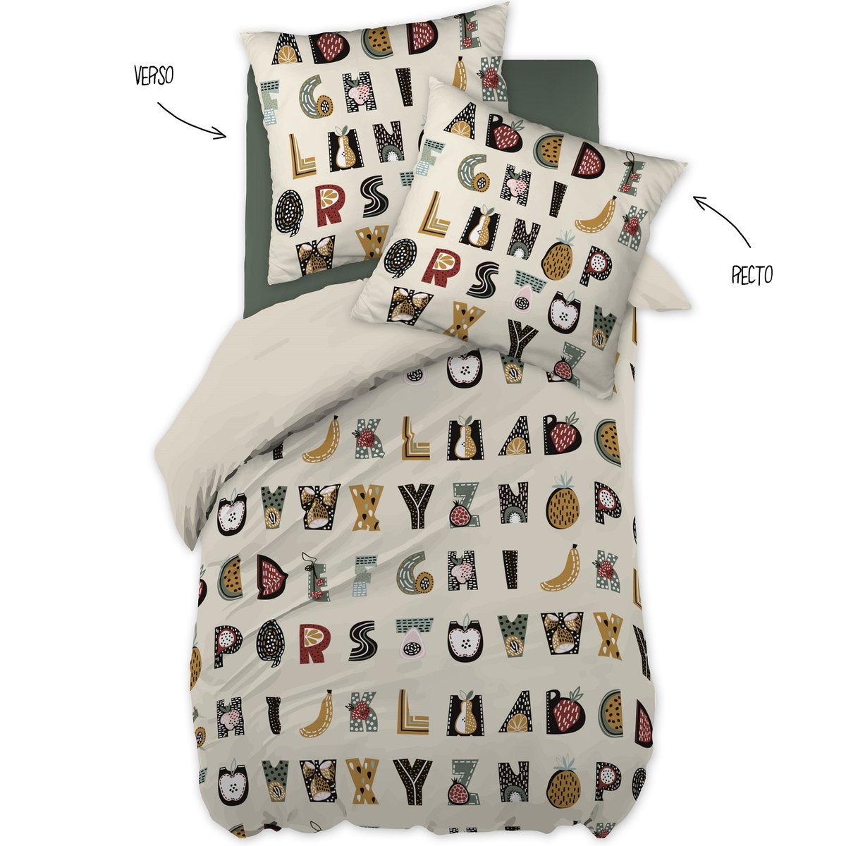 Parure housse de couette + taie Farandole ABC blanc, EDEN