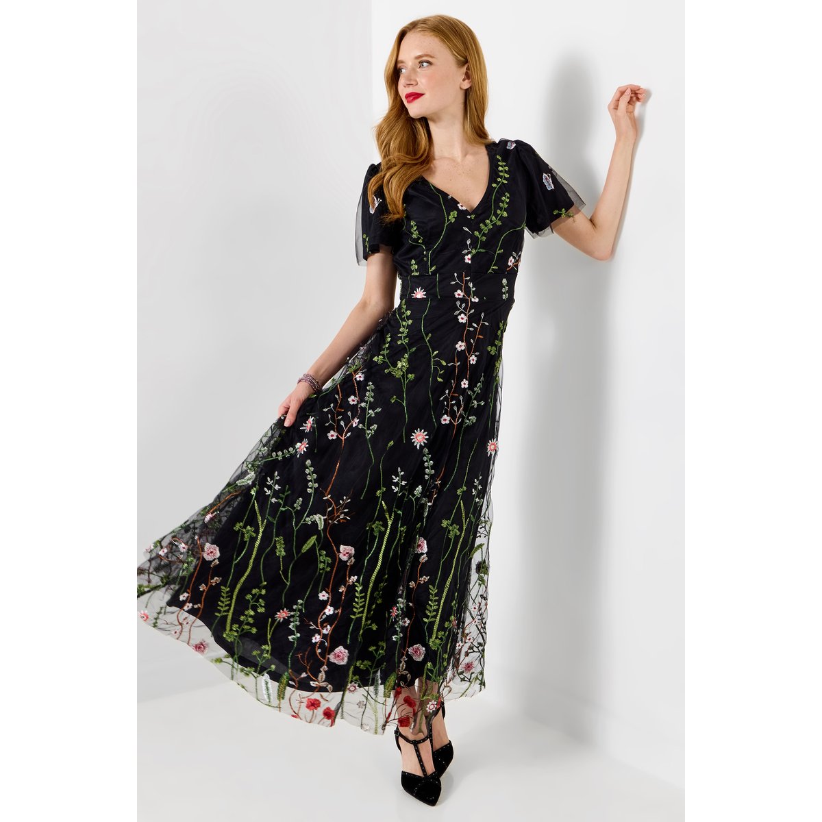 Robe Longue Brodée Fleurs Spectaculaires noir, JOE BROWNS