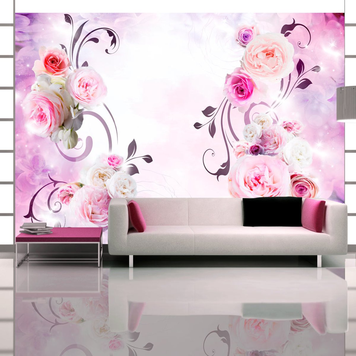 Papier peint intissé panoramique Fleurs Rose variations gris / argent, EDEN