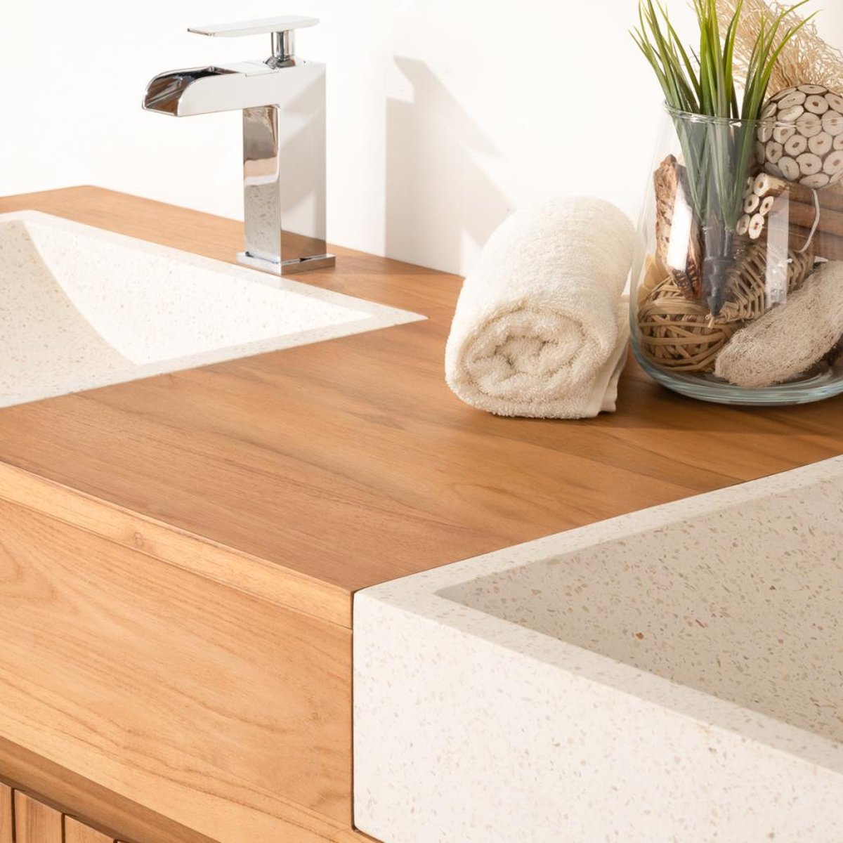 Meuble et vasques en teck rectangle de 140 LUXE crème, WANDA COLLECTION