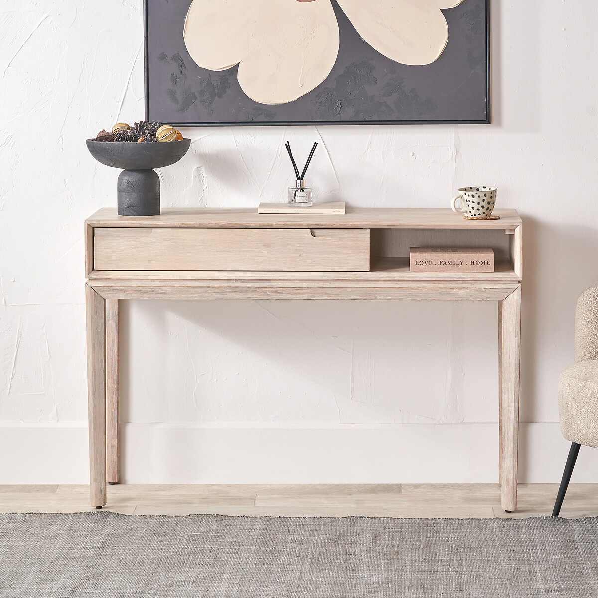 Giano Acacia Wood 1-Drawer Console Table ivory white, SO'HOME