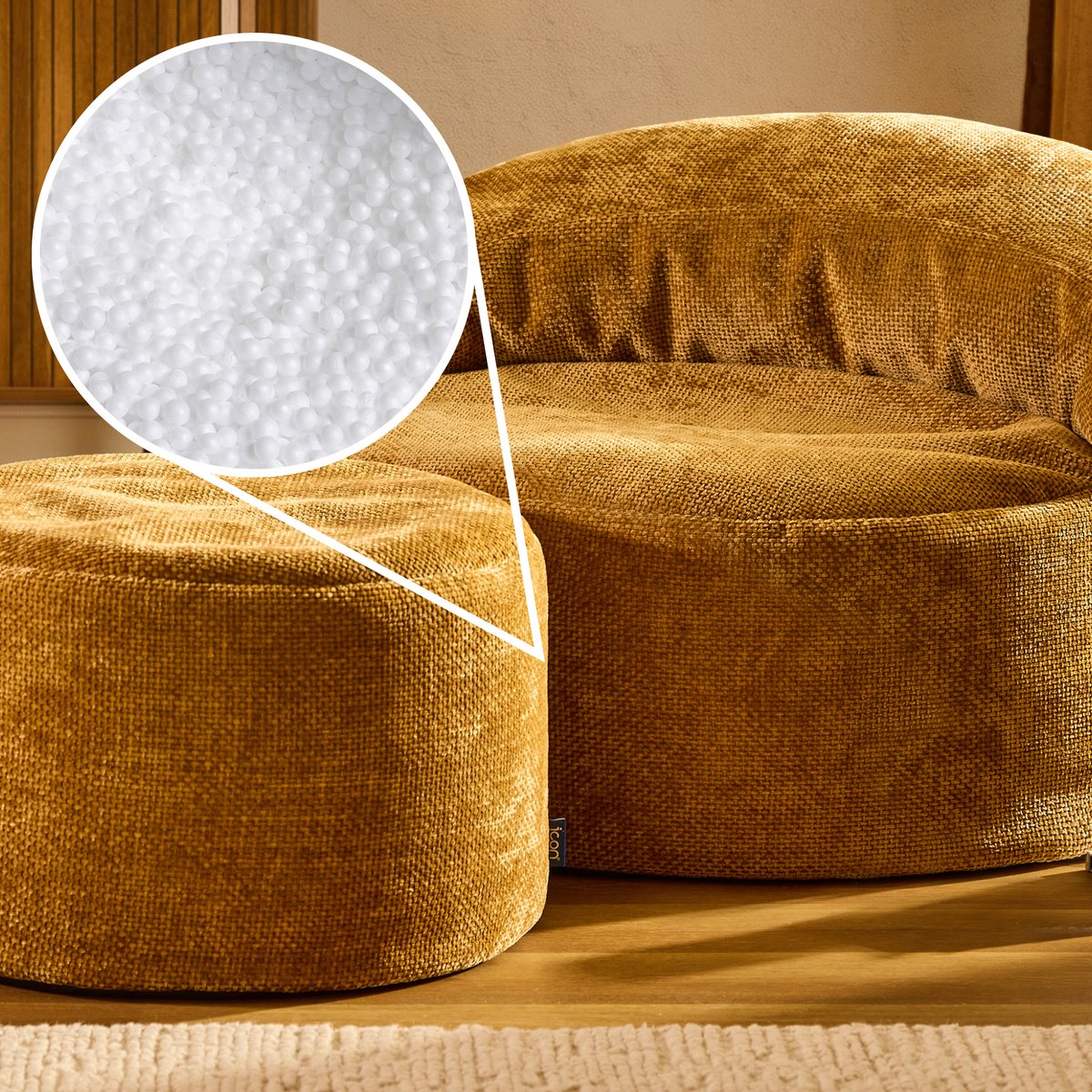 Pouf fauteuil d’appoint décoratif et son repose-pied rond en tissu chenille Oeko-Tex® - ORB moutarde, ICON