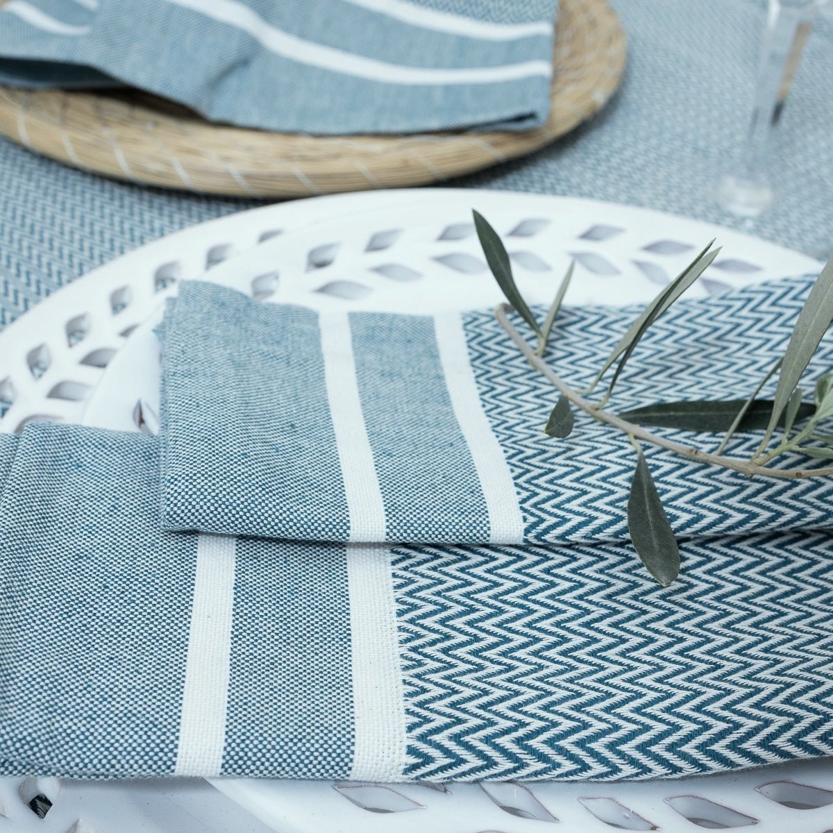 Nappe + 8 serviettes coton SIENNA bleu pétrole, FEBRONIE