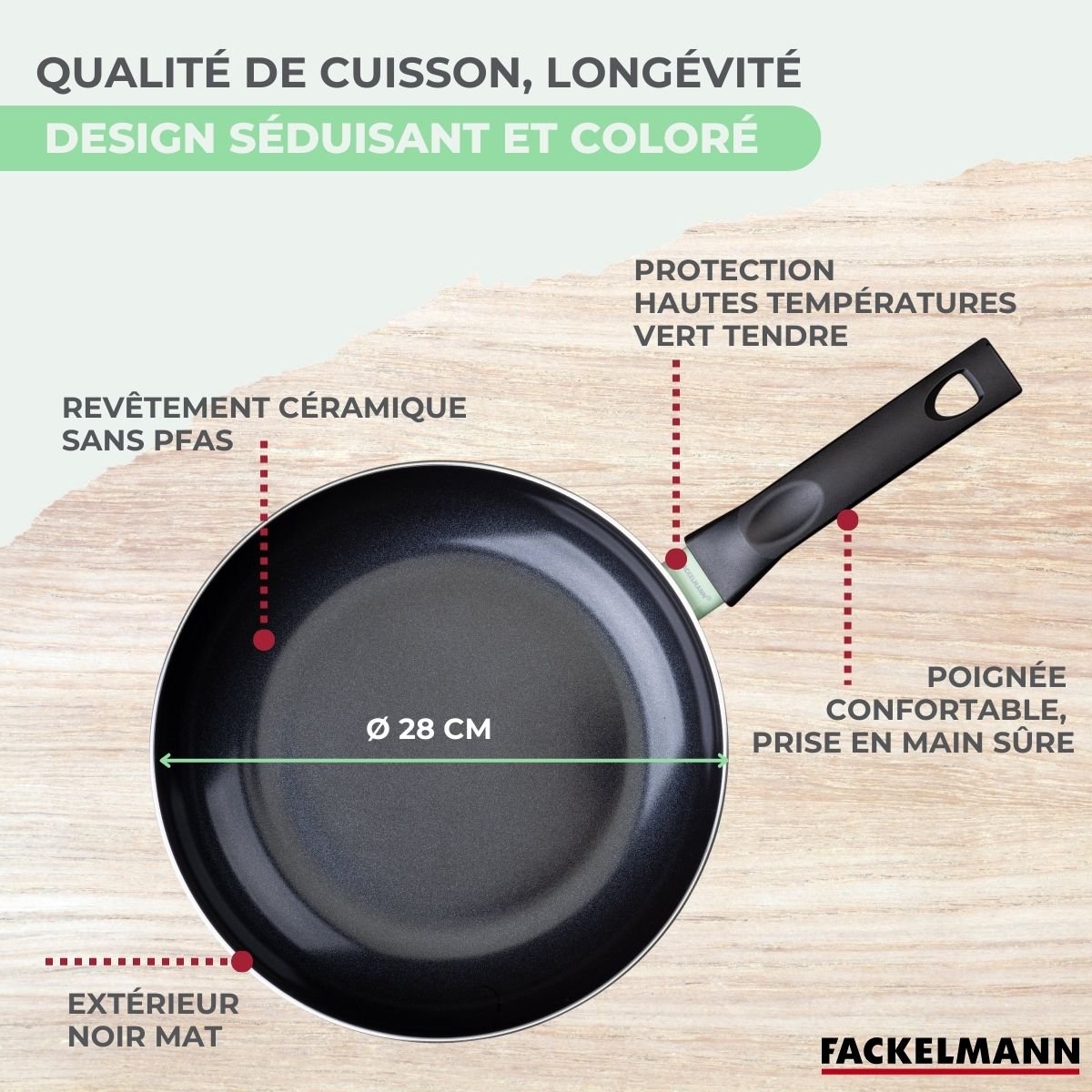 Poêle 28 cm aluminium revêtement céramique antiadhésif BRANDAO vert,noir, FACKELMANN