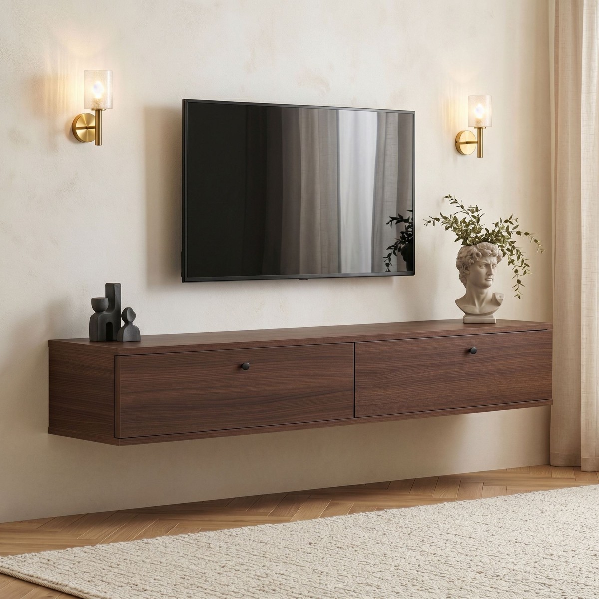 Meuble TV suspendu 2 abattants - ROY noyer, CALICOSY