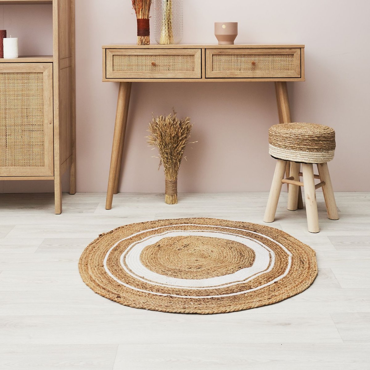 Tapis rond en jute et coton design ethnique blanc, TOILINUX