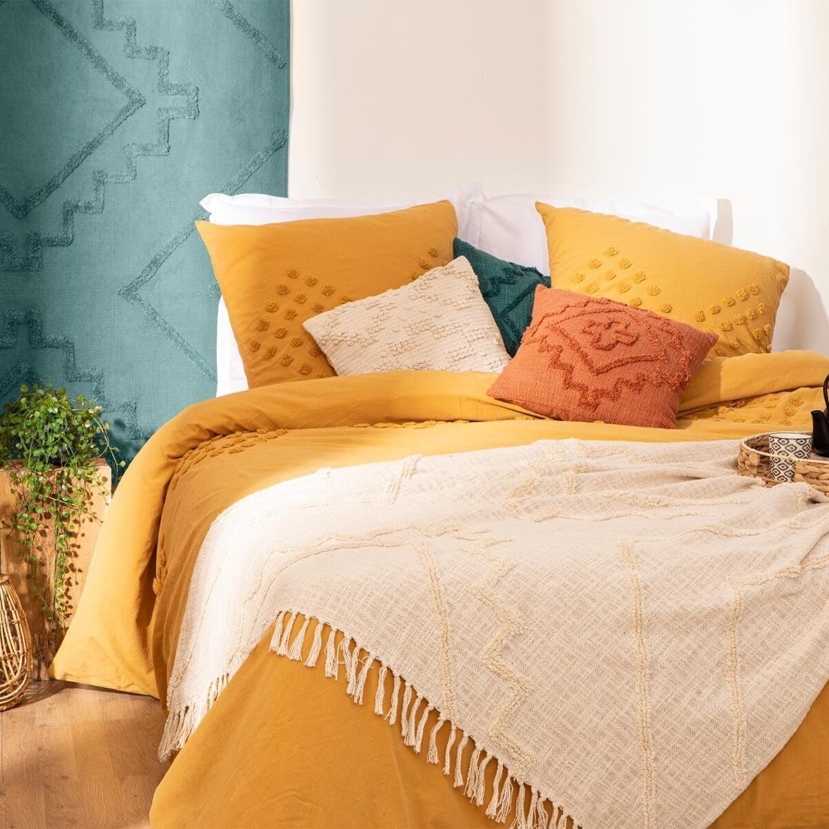 Plaid jeté de lit ou fauteuil en coton Tufté ivoire, EDEN