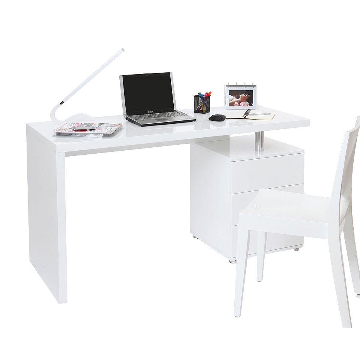 Bureau avec rangements 3 tiroirs design blanc laqué brillant L140 cm CALIX chêne clair, MILIBOO