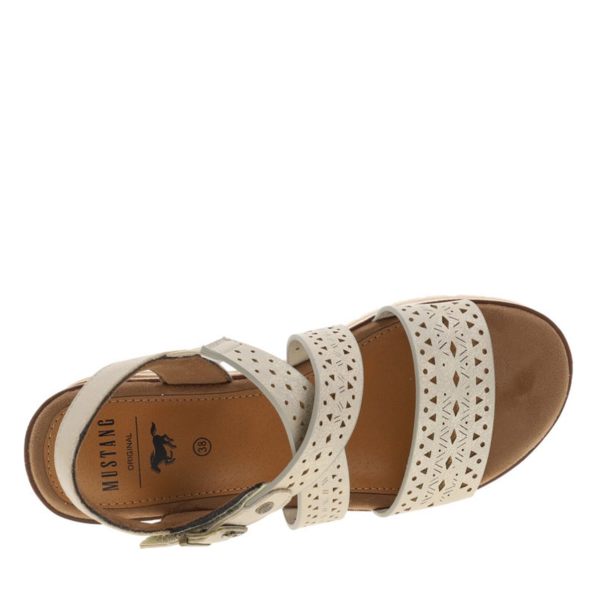 Sandales beiges à semelle compensée effet bois et à boucle à ardillon beige, MUSTANG