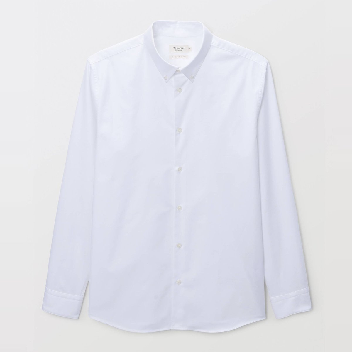 Chemise formelle au tissé diagonal col boutonné en coton blanc, MONOPRIX