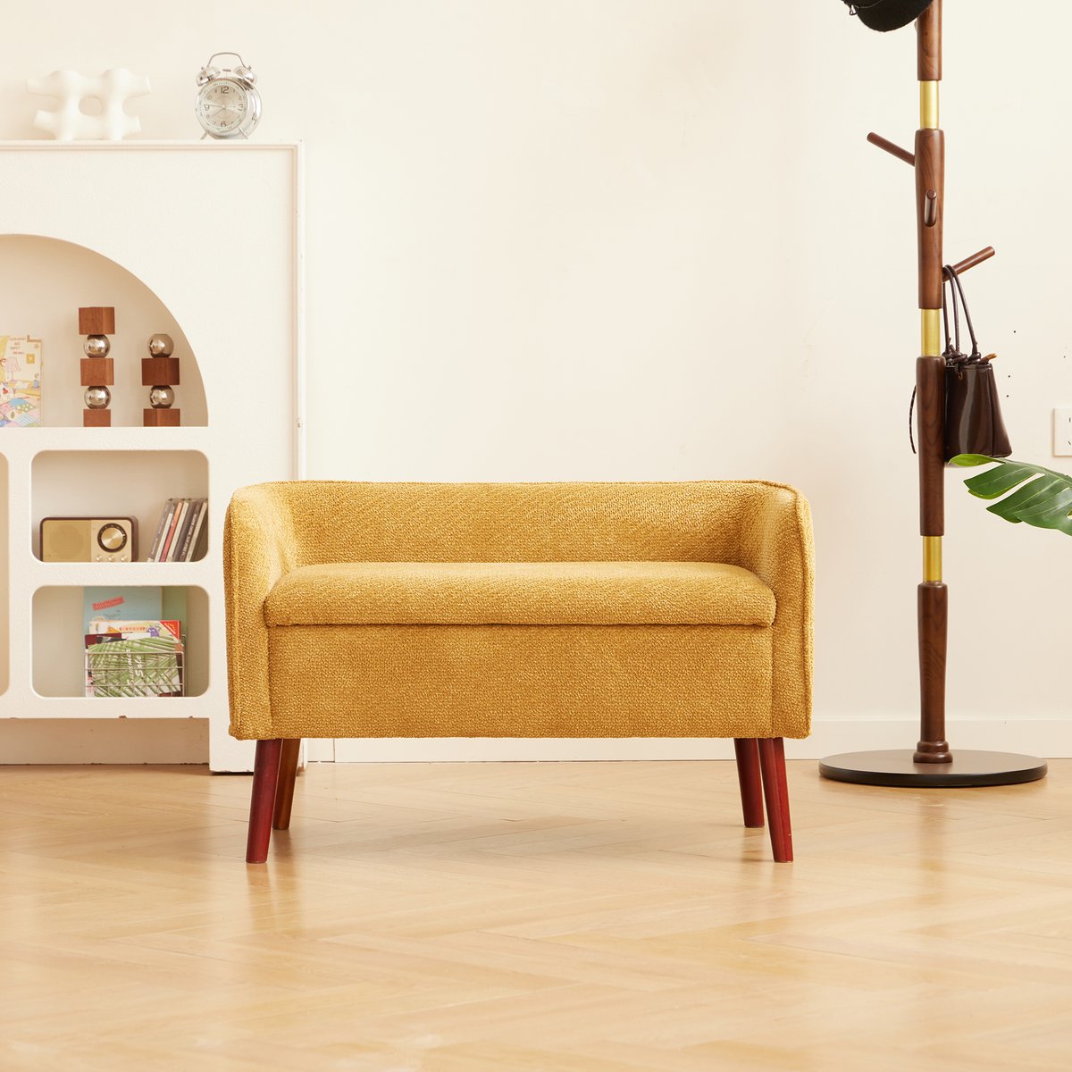 Banc coffre, bois massif et tissu, KIRKENES jaune moutarde, NORDLYS