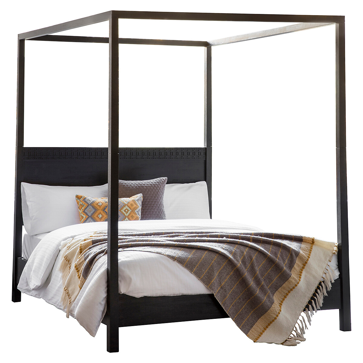 Barauni Boho Carved Wood Canopy Bed black, ÉDITÉ