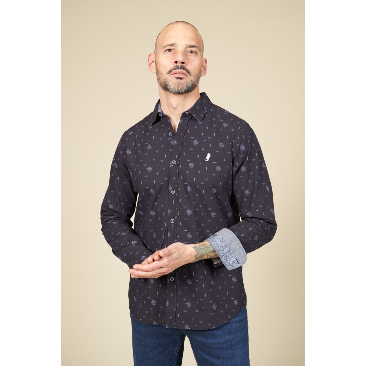 Chemise imprimée losanges éthniques bleu marine, MCS