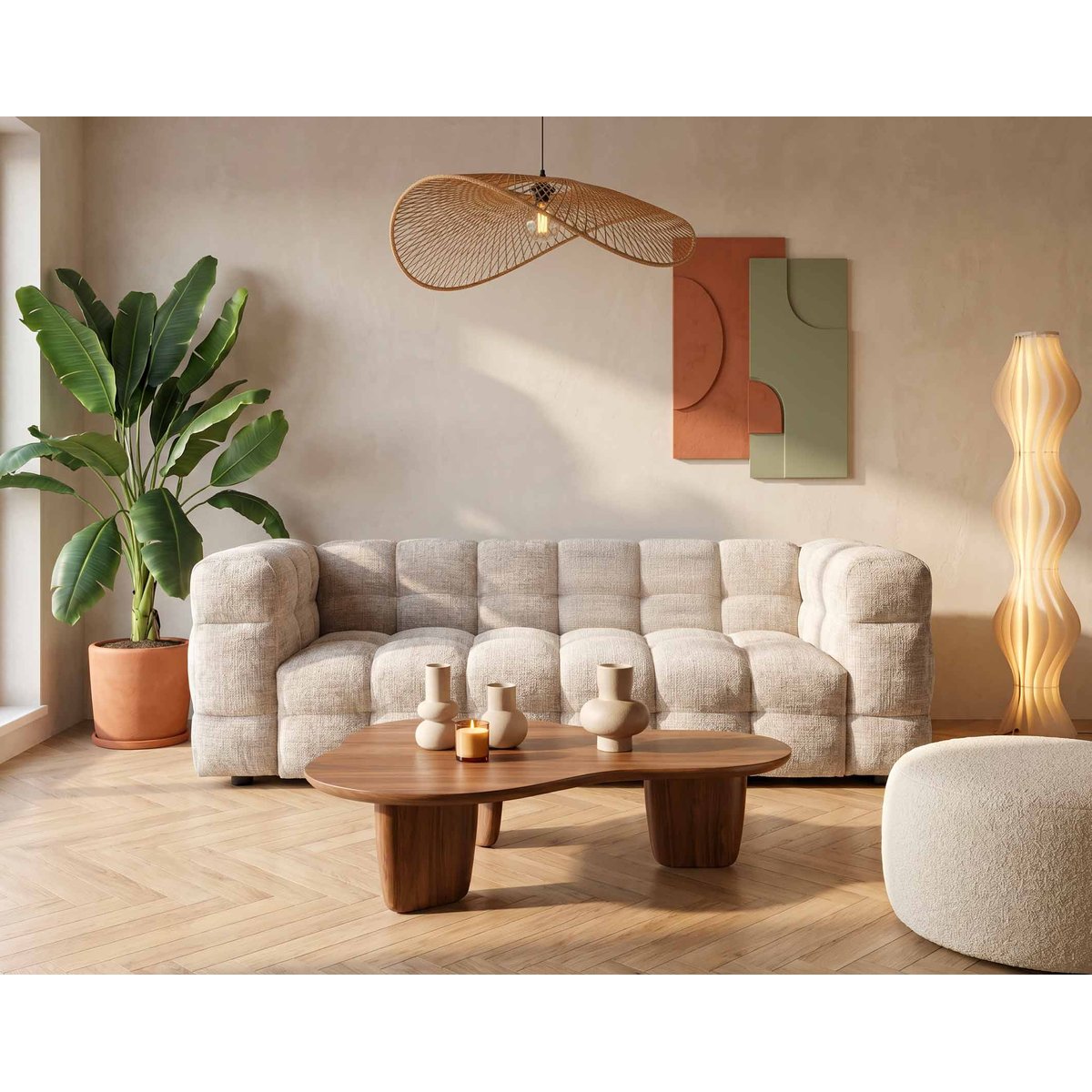 Canapé droit 3 places en velours texturé, AUGUSTIN beige, BEST MOBILIER