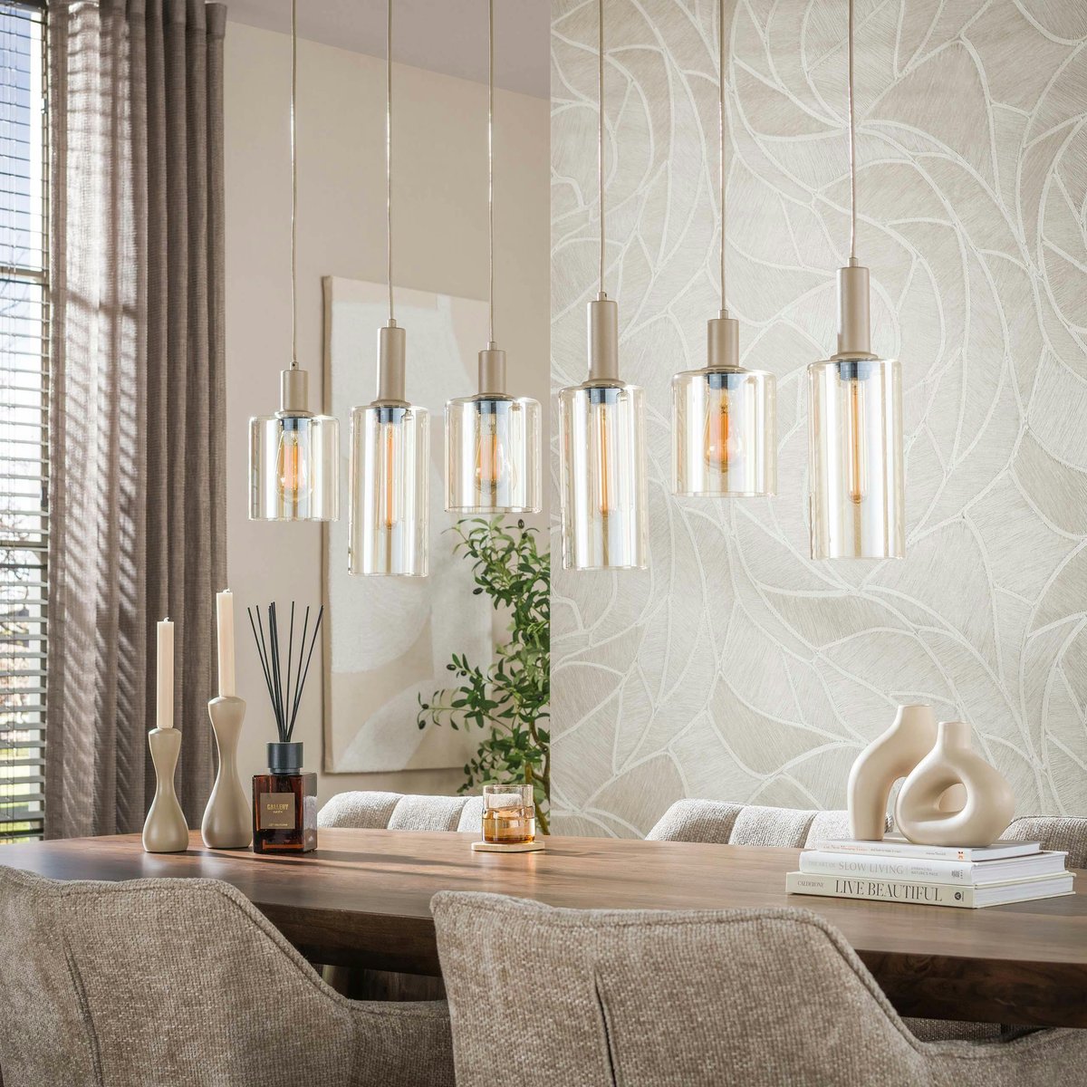 Suspension de table 6 lampes verre ambré métal beige RALF beige, PIER IMPORT