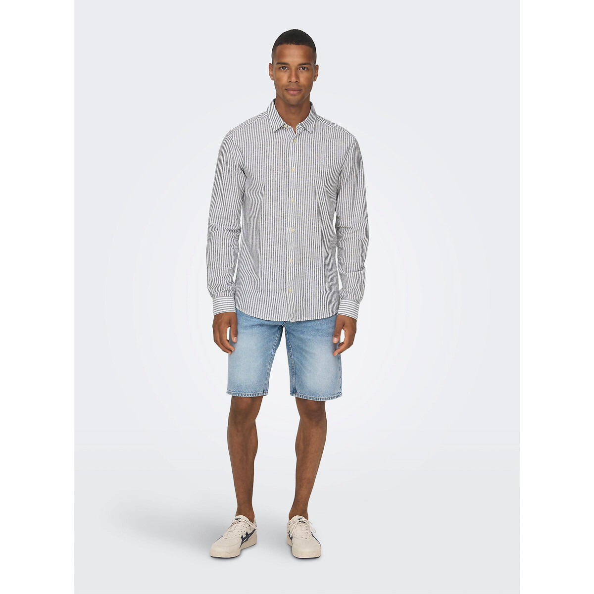 Chemise rayée slim fit coton lin bleu foncé, ONLY & SONS